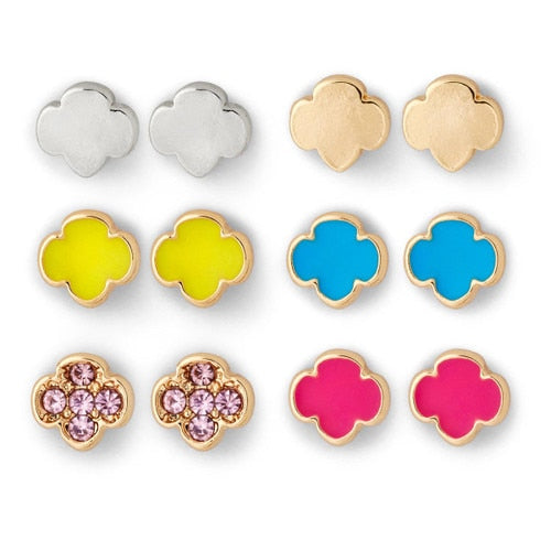 Multicolor Trefoil Stud Earrings - 6 Pack Set