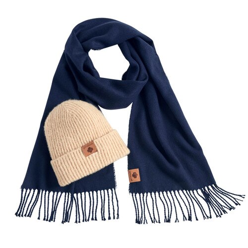 Cream Beanie And Navy Scarf Set - Womens